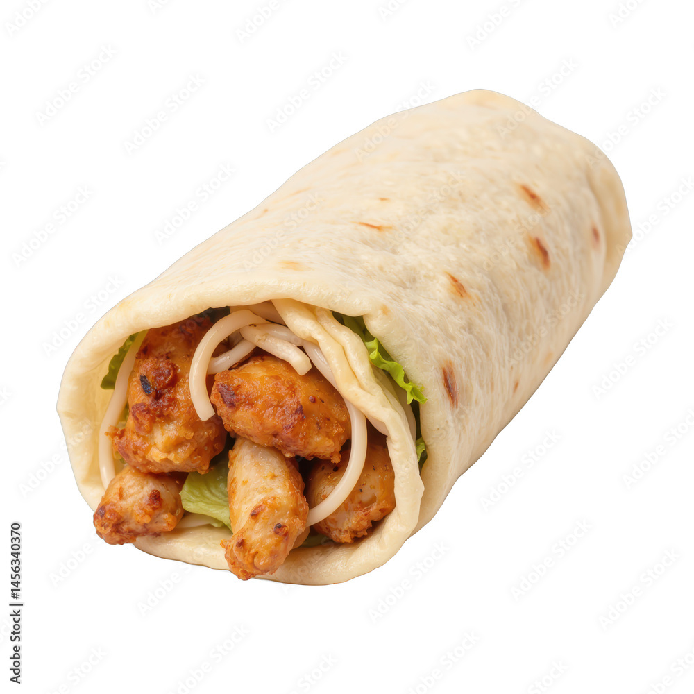 Delicious wrapped burrito, stuffed with beans, rice, and vegetables, showcasing vibrant colors and ready to enjoy, copy-space available. Isolated on white background or PNG Delicious wrapped burrito, stuffed with beans, rice, and vegetables, showcasing vibrant colors and ready to enjoy, copy-space available. Isolated on white background or PNG