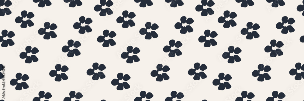 Seamless floral pattern with black silhouettes of flowers and leaves on a white background. Elegant botanical design for fabric, wallpaper, packaging, digital projects. Modern monochrome illustration