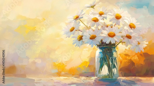 A vibrant bouquet of daisies in a glass jar, bathed in sunlight.