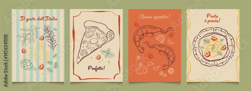 Italian food posters design. Trendy hand drawn art.  Mediterranean eat. Retro vector illustration of pasta,pizza,shrimp,olive, tomato, lemon etc. Graphic  for  interior, restaurant, menu.