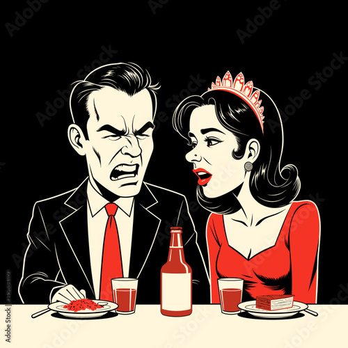 Displeased man arguing with woman at dinner table