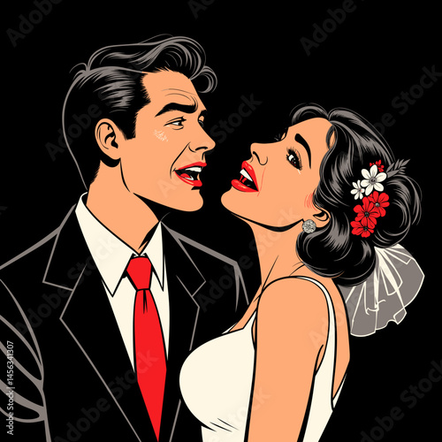 Happy couple in wedding attire against a dark background