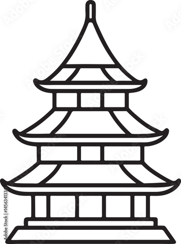 Pagoda line art, black outline, vector and illustration, coloring book page line art drawing