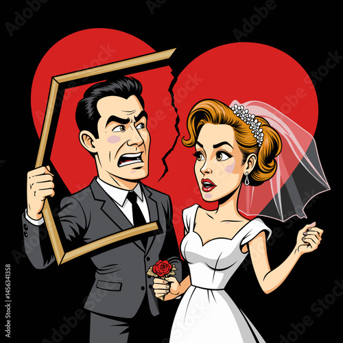 Angry groom confronting bride with a broken heart background
