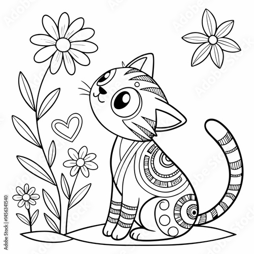 Cat and Flowers Coloring Page for Kids and Adults	