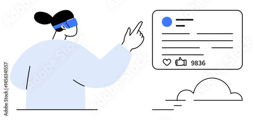 User wearing AR glasses pointing at a social media post interface with thumbs ups and comments, alongside a cloud element. Ideal for technology, AR, social media, innovation, digital trends, UIUX