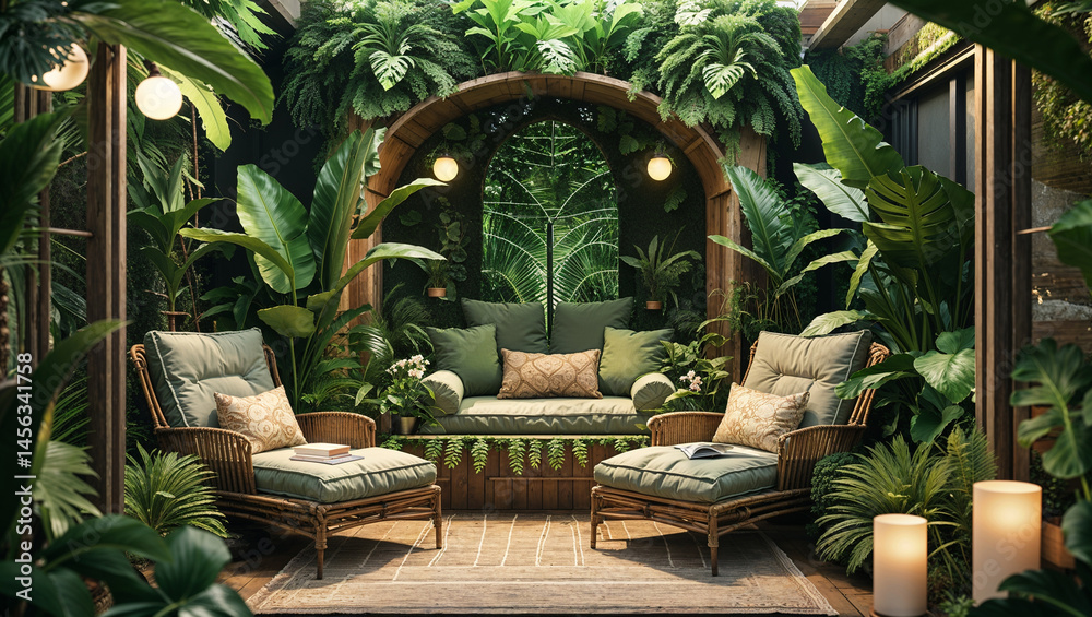 Fototapeta premium Lush green tropical oasis with cozy lounge chairs and plants creating a tranquil atmosphere