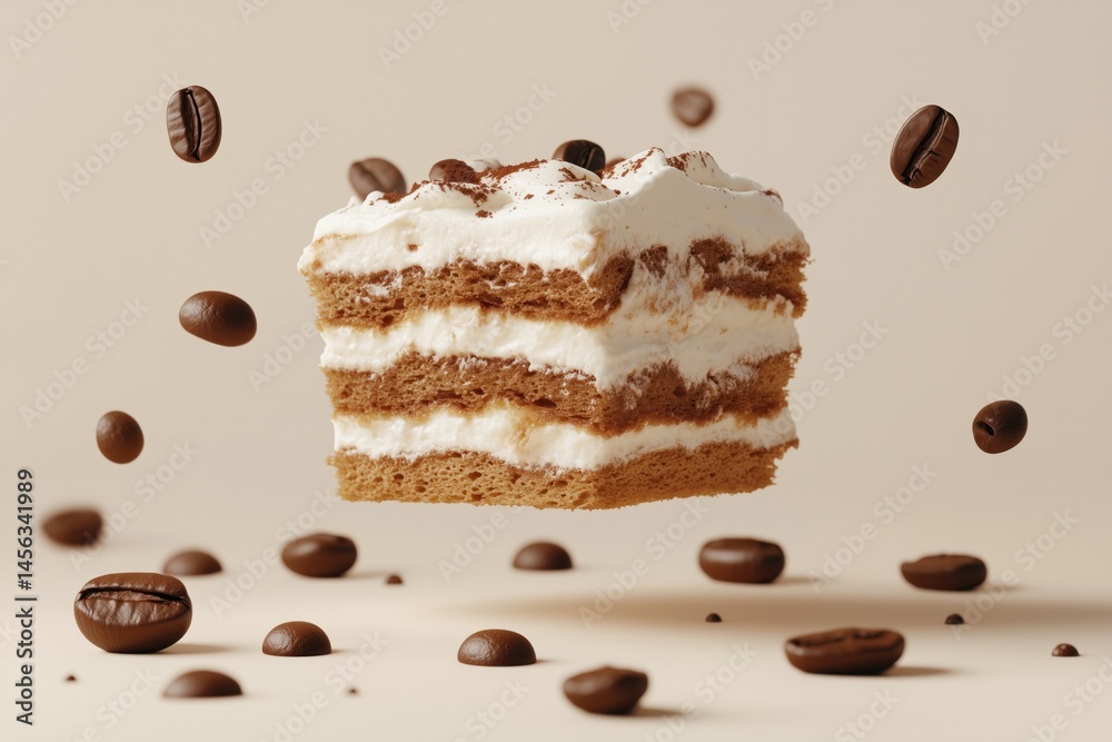 Fototapeta premium Delicious tiramisu cake floating with coffee beans on beige background