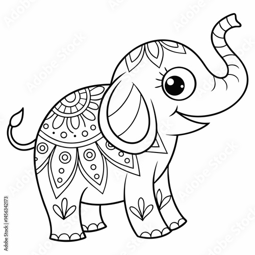 Cute Elephant Coloring Page Line Art Hand Drawing Vector	