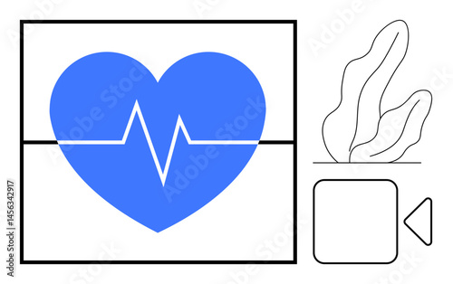 Blue heart with ECG line in frame, minimalist plant graphic, video recording icon. Ideal for health, wellness, cardiology, virtual care, telemedicine, fitness self-care simple landing page