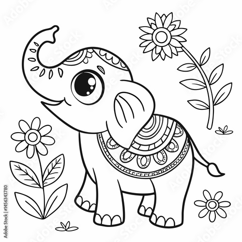 A Decorated Baby Elephant With Flowers Coloring Book Page	