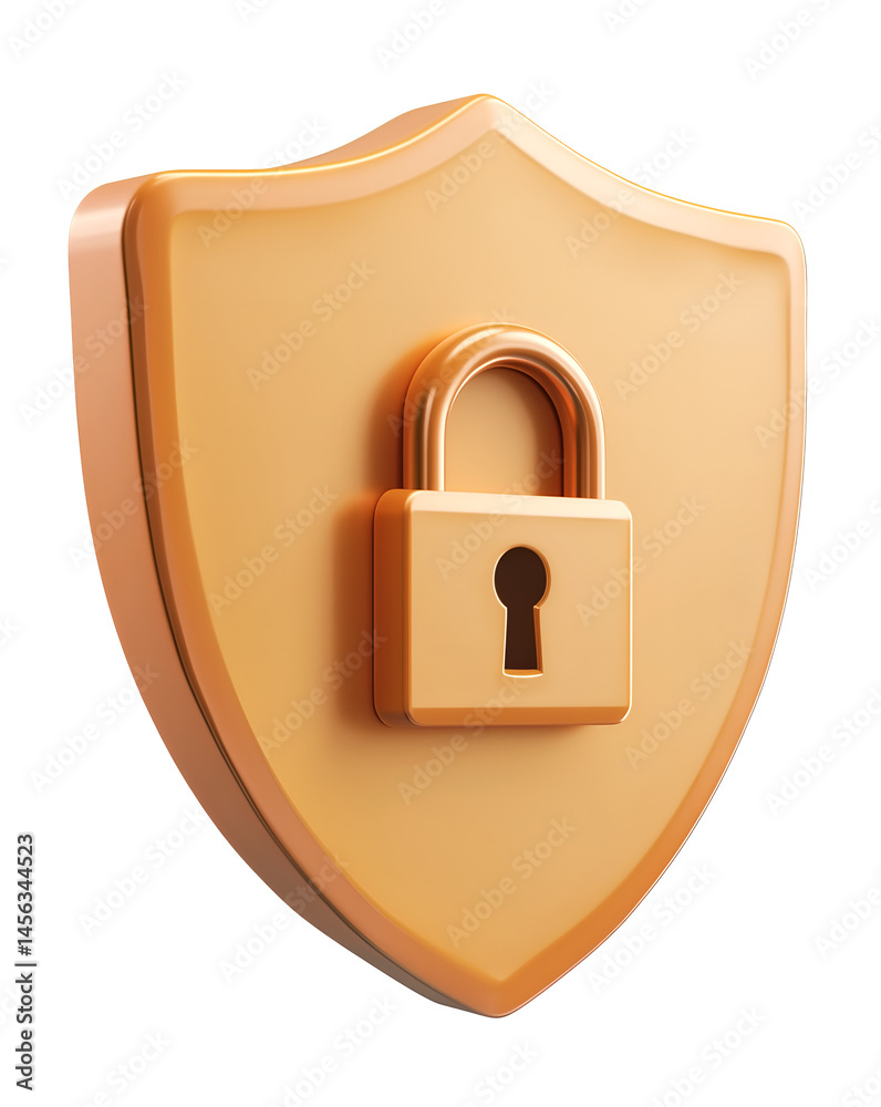 3D Yellow Shield with Lock Icon Isolated on Transparent Background