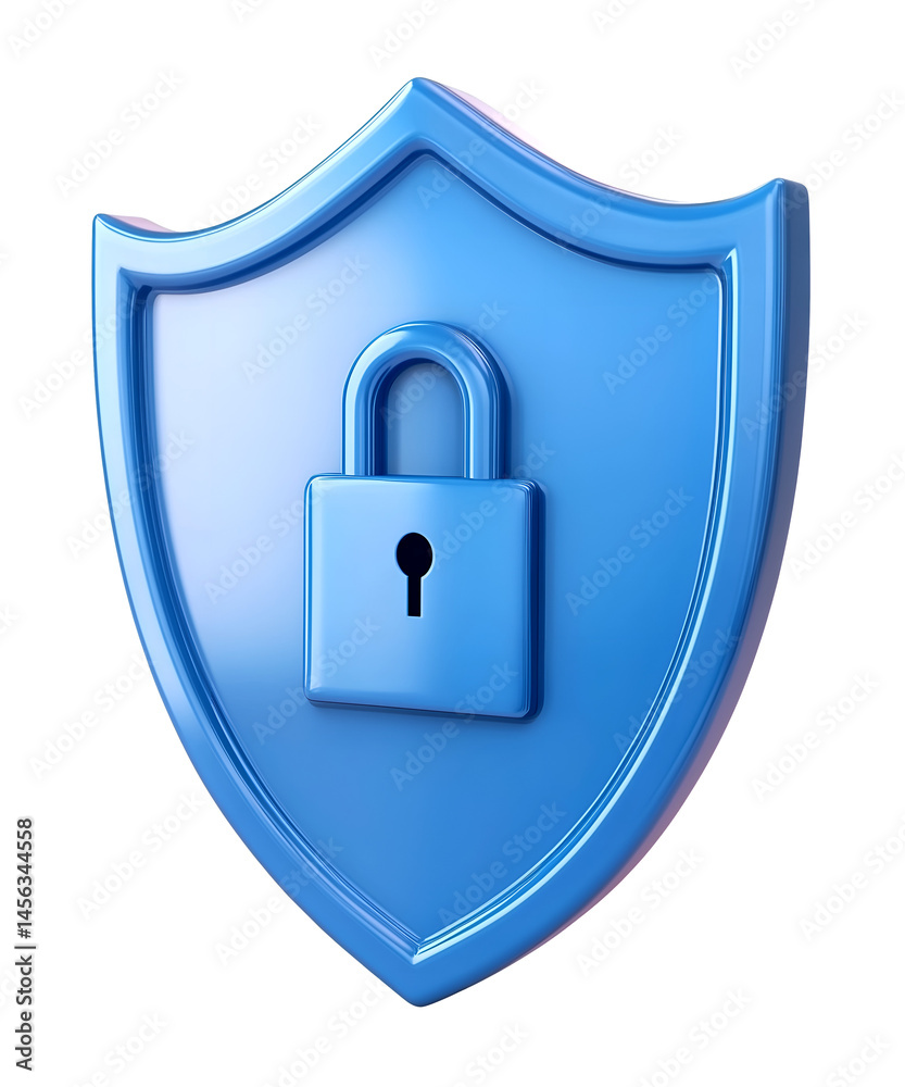 3D Blue Shield with Lock Icon Isolated on Transparent Background