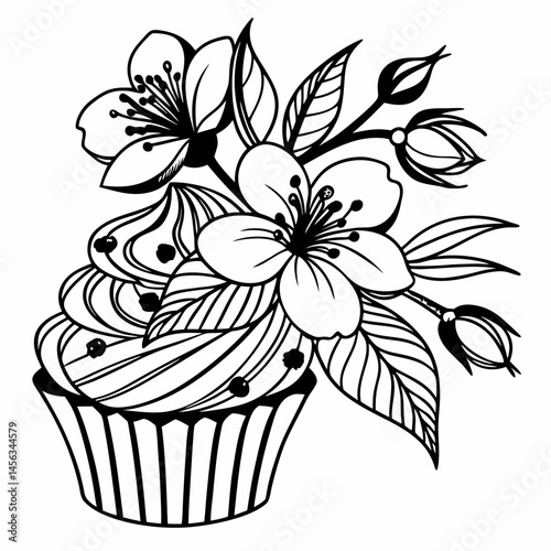 Cupcake Decorated with Blossom Flowers Coloring Book Page Design	