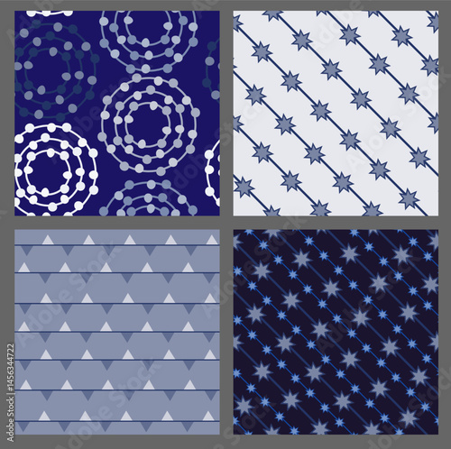 Geometric star and circle seamless patterns in navy blue tones