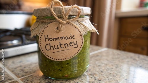 A jar of homemade chutney with a rustic label