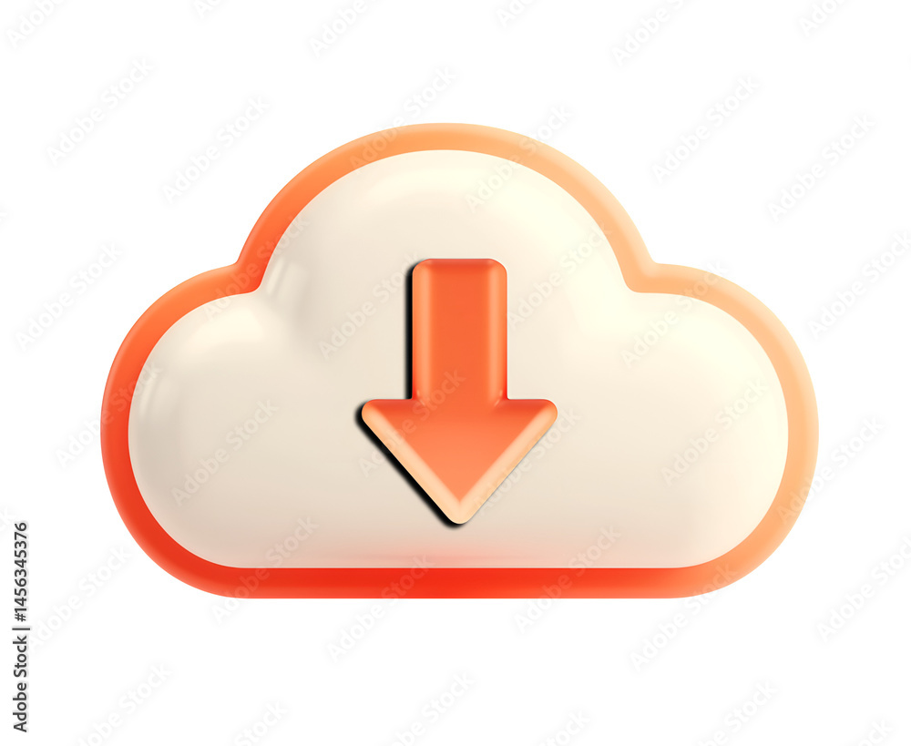3D Cloud Storage with Download Arrow Icon on Transparent Background