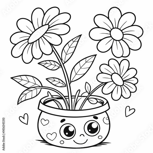 Happy Flowers in a Cute Potted Plant Coloring Page	