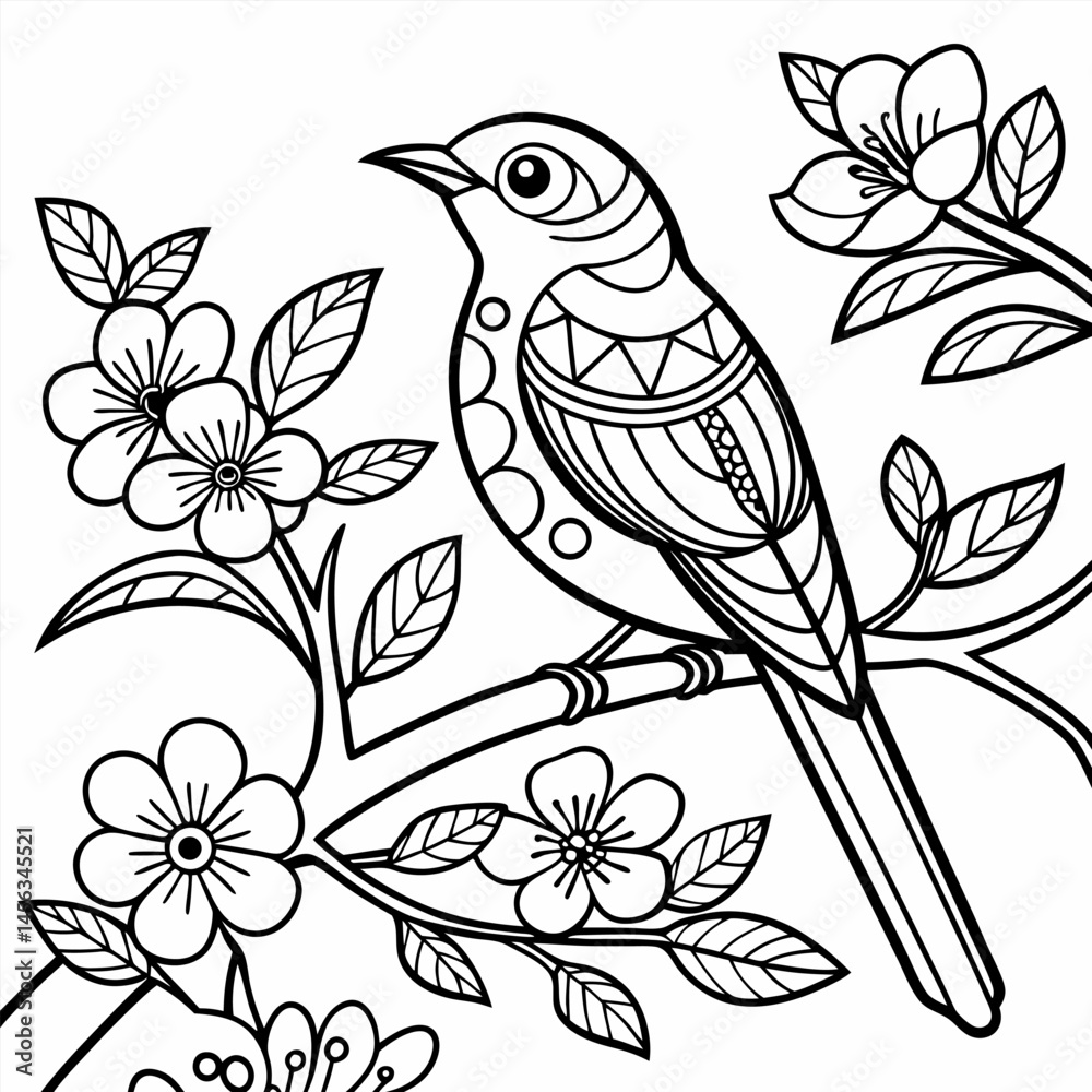 Obraz premium Bird On Branch And Flowers Line Art For Coloring 