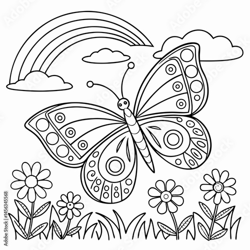 Butterfly Rainbow And Flowers Coloring Page For Children	