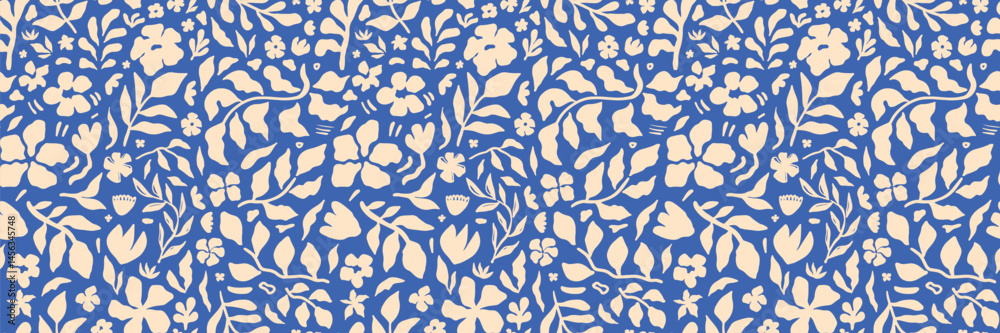 Seamless botanical pattern with hand-drawn floral and leaf shapes in beige on a vibrant blue background. Perfect for fabric, wallpaper, wrapping paper, and modern surface design projects.
