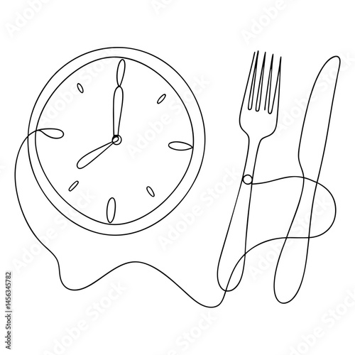 Minimalistic clock and cutlery representing mealtime  