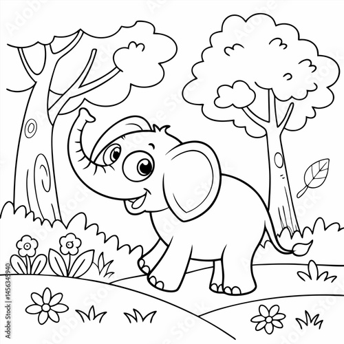 Cute Elephant In Forest Coloring Page For Kids	