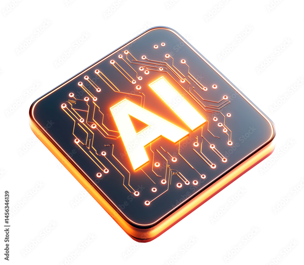 Realistic Render of AI Chip with AI Letters Isolated on Transparent Background