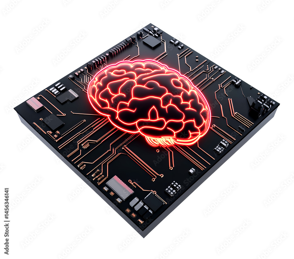Realistic Render of AI Chip with Brain Isolated on Transparent Background
