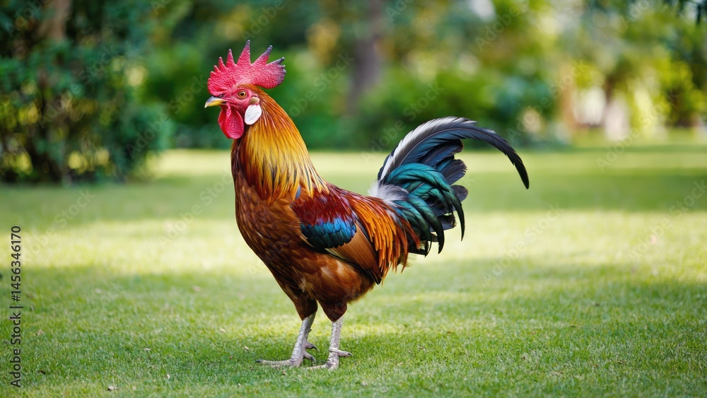 Fototapeta premium Rooster in a Garden Setting