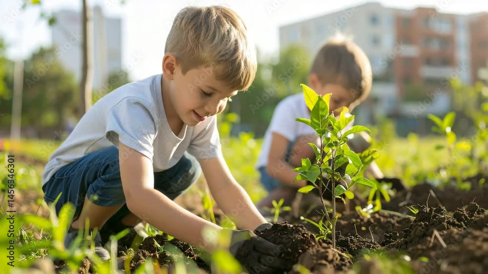Young Child Planting Seedlings in Urban Garden on Sunny Afternoon Young Child Planting Seedlings in Urban Garden on Sunny Afternoon