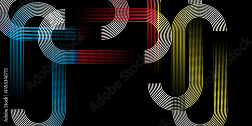 Abstract black and white retro pattern with white lines on a black background. Curved parallel lines.