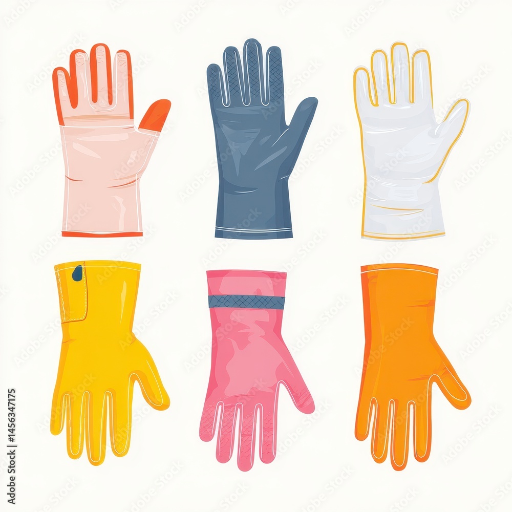 Obraz premium Variety of Cleaning Gloves in Different Colors and Styles for Household Use, Featuring Bright Colors and Unique Designs for Every Cleaning Task