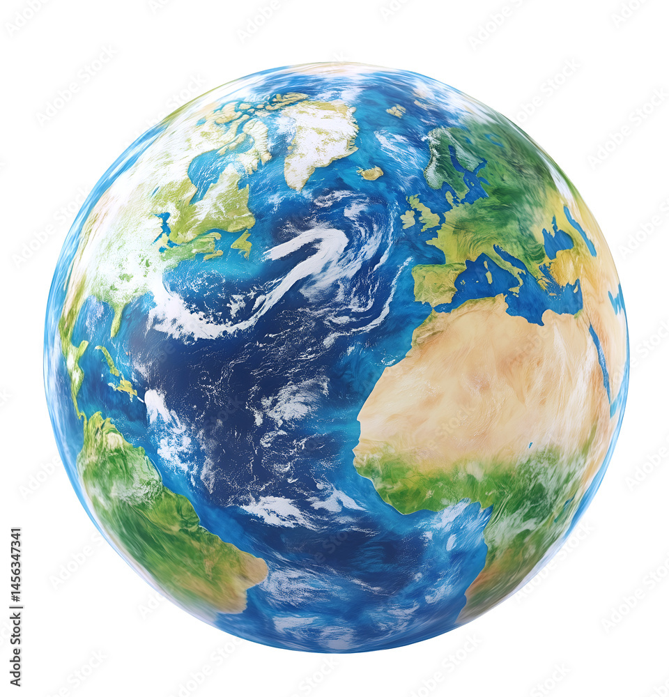Realistic Render of Earth Globe Isolated on Transparent Background