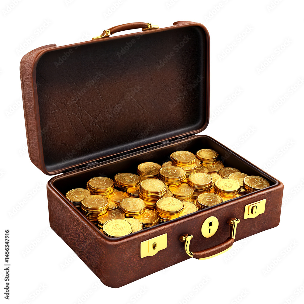 Briefcase Filled with Gold coins on Transparent Background