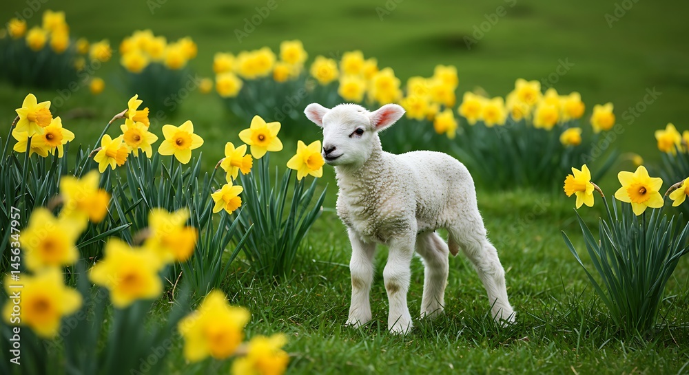 Enchanting spring scenery featuring a little lamb amidst vibrant daffodil blossoms