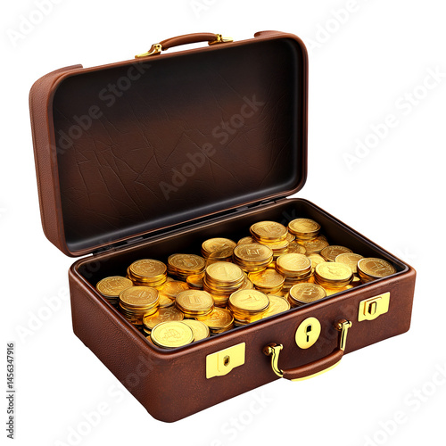 Obraz na płótnie Briefcase Filled with Gold coins on Transparent Background w salonie