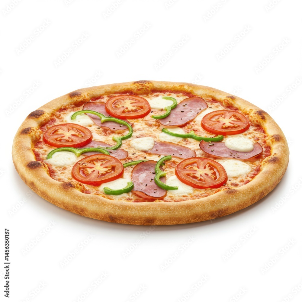 A delicious pizza topped with tomatoes mozzarella and mushrooms on a white background surface A delicious pizza topped with tomatoes mozzarella and mushrooms on a white background surface