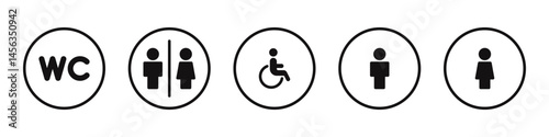 Restroom door pictogram. Woman and man public toilet vector signs.