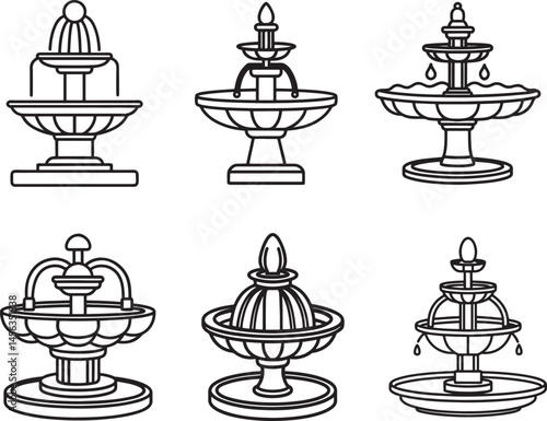set of water fountain line art, black outline, vector and illustration, coloring book page line art drawing