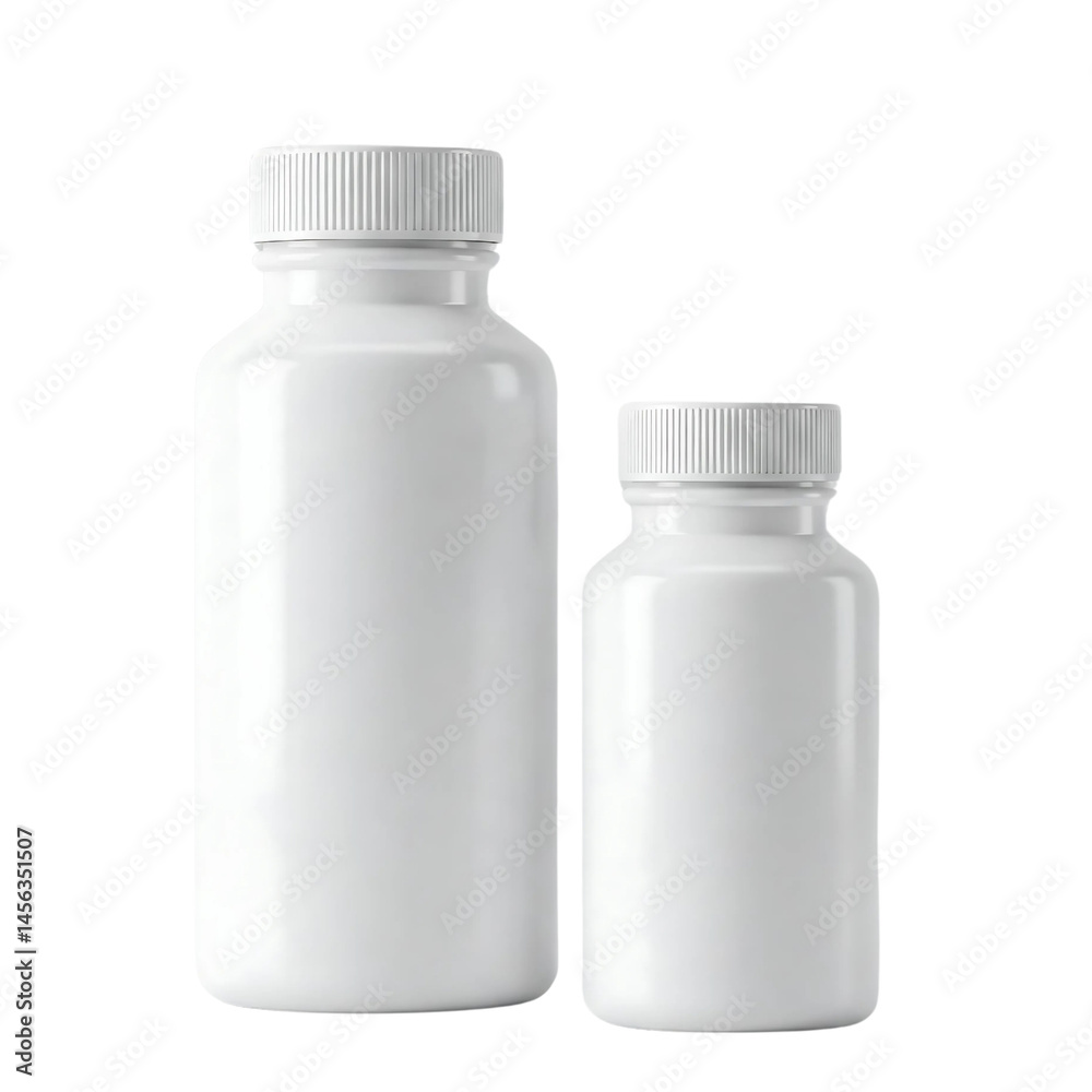 Two white pill bottles against a transparent background - a blank product mockup. Two white pill bottles against a transparent background - a blank product mockup.