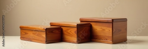 Set of three nested wooden boxes, various sizes, lidless, blank, design, brown