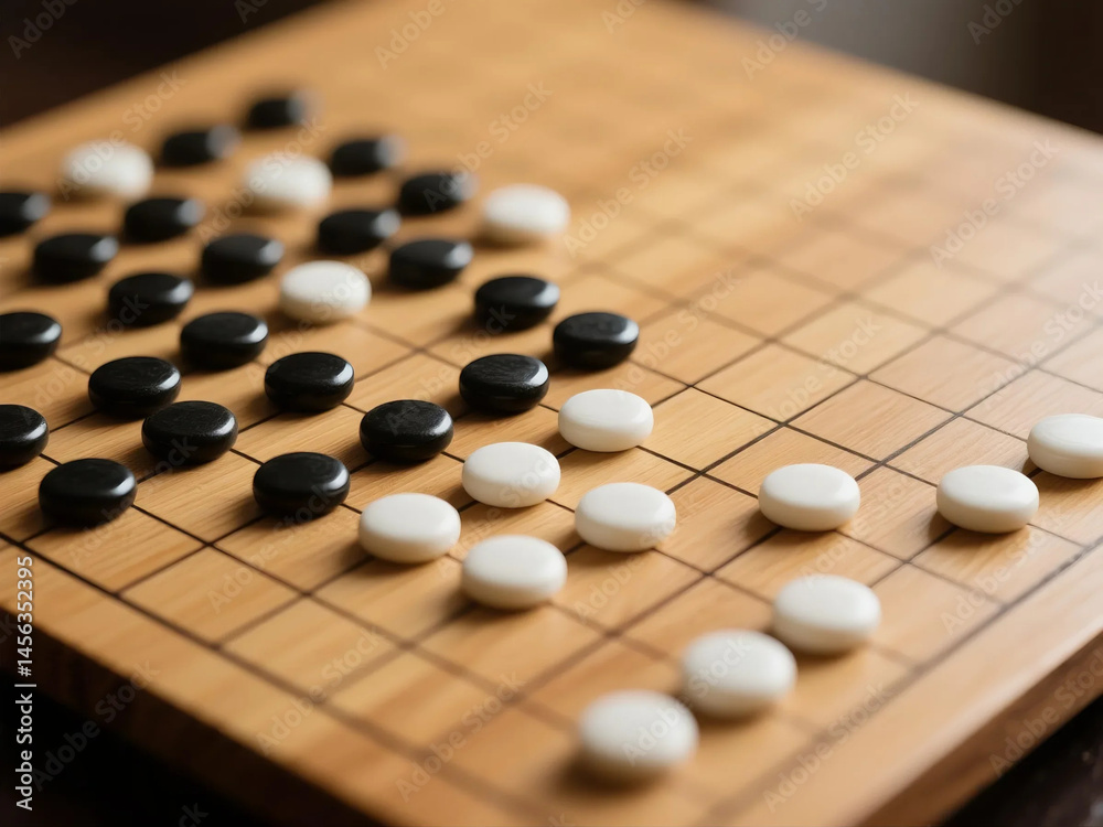 Chinese Go or Weiqi game board for brain testing, strategy, planning, to compete for space on a black and white player's board on a wooden board.Gobang and go game board Chinese Go or Weiqi game board for brain testing, strategy, planning, to compete for space on a black and white player's board on a wooden board.Gobang and go game board