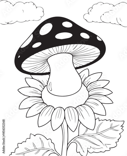 Mushroom on flower in nature black outline vector illustration for children coloring book or page design