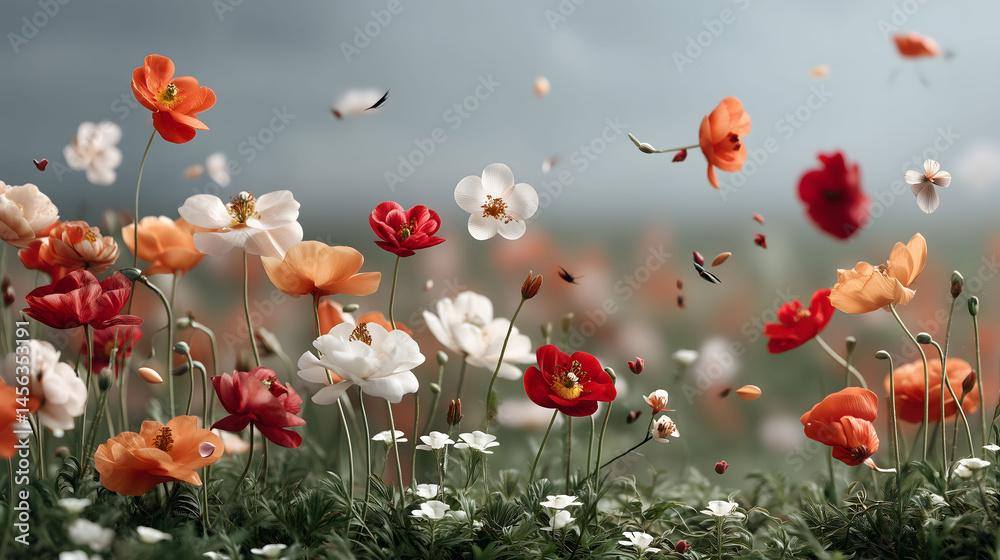 Obraz premium a beautiful field of flowers with flying petals
