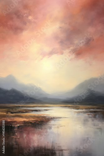 Watercolor landscape painting. Misty scenery, sun in the sky, distant mountains in the background.