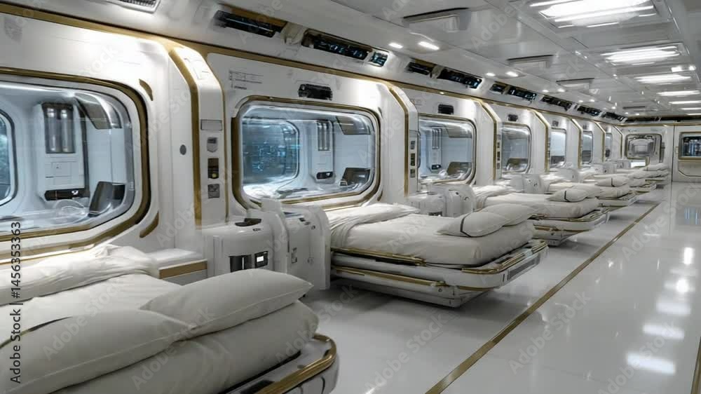 Futuristic sleeping quarters in a high-tech facility featuring sleek design and ambient lighting Futuristic sleeping quarters in a high-tech facility featuring sleek design and ambient lighting
