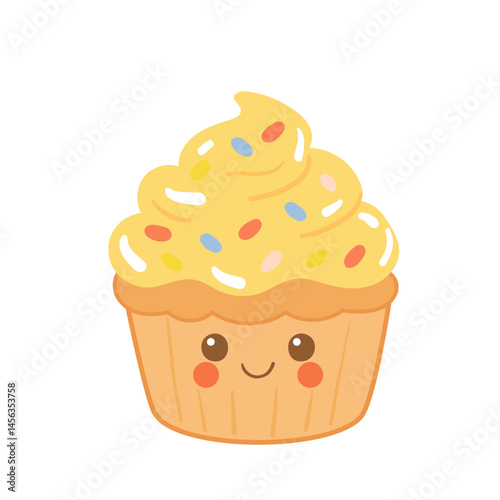 Cute flat style birthday cupcake with happy face. Yellow icing and rainbow sprinkles. Fun cartoon dessert illustration for children’s party, greeting cards and festive decor.