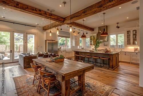 Elegant open kitchen with a contemporary dinner table, polished wood, and subtle lighting for an intimate vibe 