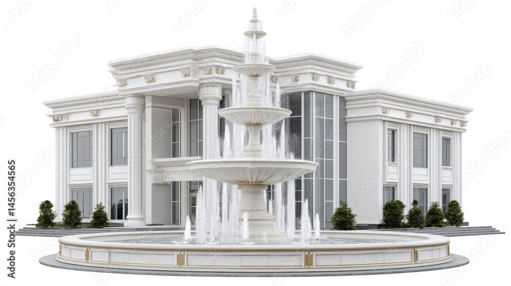 Fototapeta premium Luxury White Mansion with Grand Fountain Stunning Architectural Design isolated on transparent background